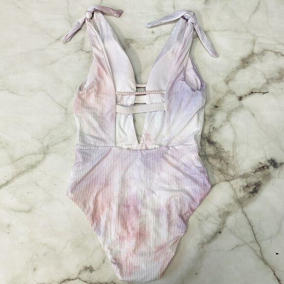 Soluna Tie Dye Ribbed Plunging One Piece Swimsuit Small Multicolor Pastel New - Picture 5 of 7